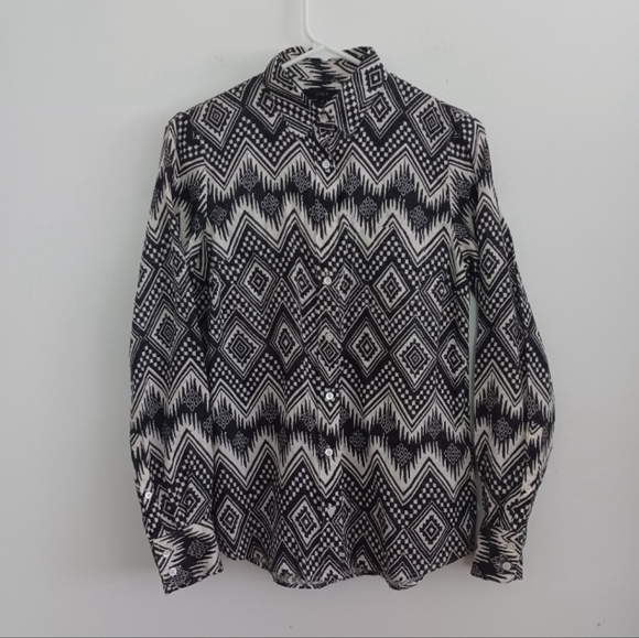 NWT J.crew Linen "boy" Button Up Shirt Aztec Diamonds Ikat | Black & white sz 2 - Picture 5 of 16